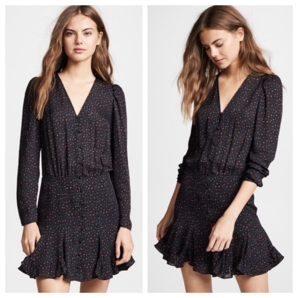 Veronica Beard Riggins Silk Black Floral Long Sleeve Button Ruffle Mini Dress